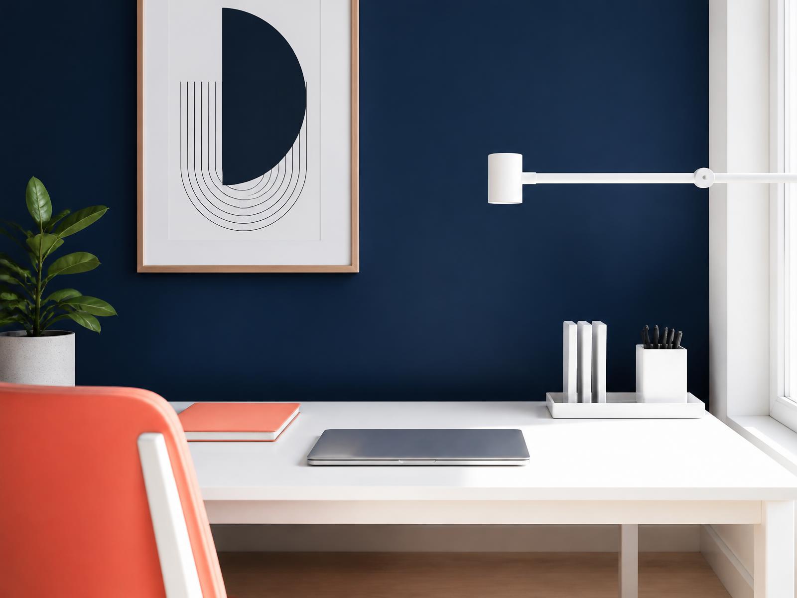 Bright minimal workspace with a white desk, deep navy wall, and a coral accent chair